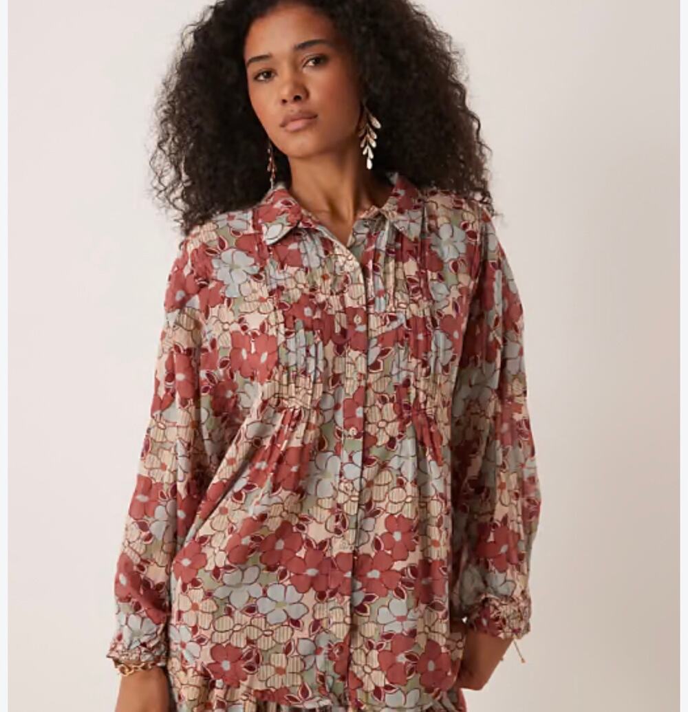 Free People Floral Pintuck Blouse Boho Cottagecore Button Front Cotton Top
